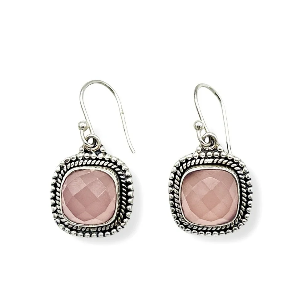Ross Simons Rose Quartz Dangle Earring 925 Sterling‎ Silver Square Rope Faceted